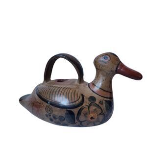 Clay Pottery Duck Askos Handle Decanter Jug Painted Pitcher Kettle Brown Vintage